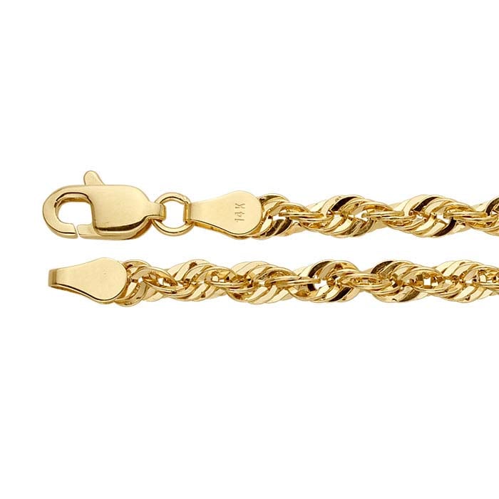 14K Yellow Gold 4mm Glitter Rope Chain Bracelet