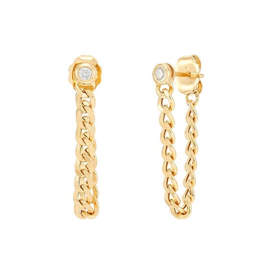 14K Yellow Gold Diamond-Set Post Earrings with Chain Drop